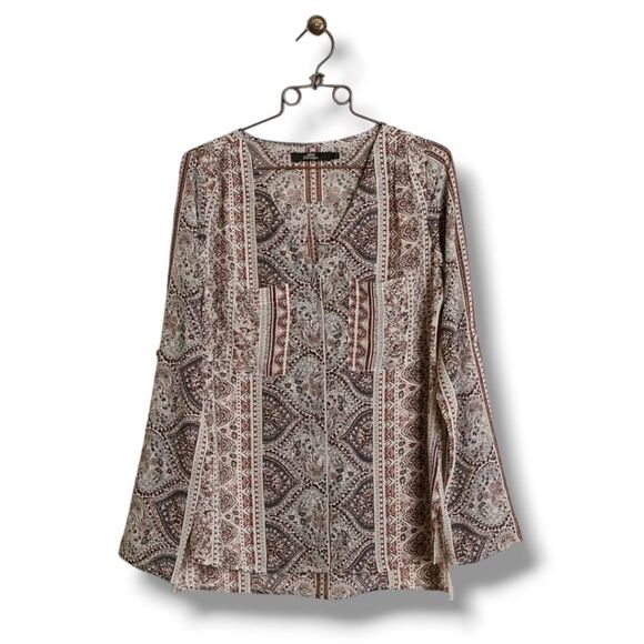 BKE Boutique printed chiffon tab sleeve blouse Large - Picture 1 of 8